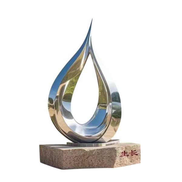 Stainless steel drop-shaped sculpture symbolizing growth
