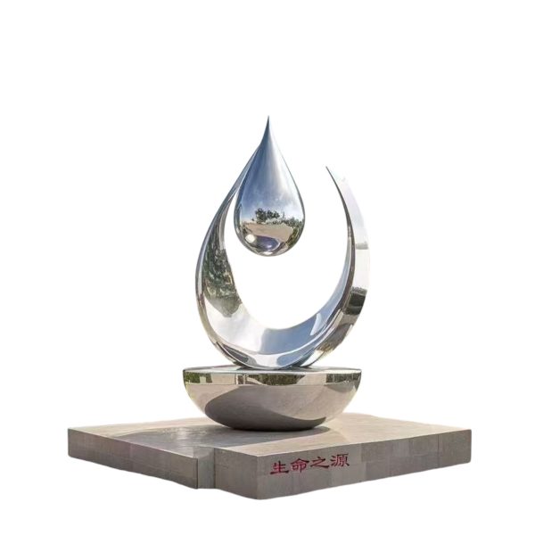 Stainless steel drop-shaped sculpture symbolizing growth