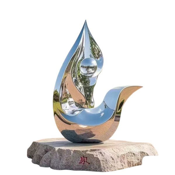 Stainless steel drop-shaped sculpture symbolizing growth