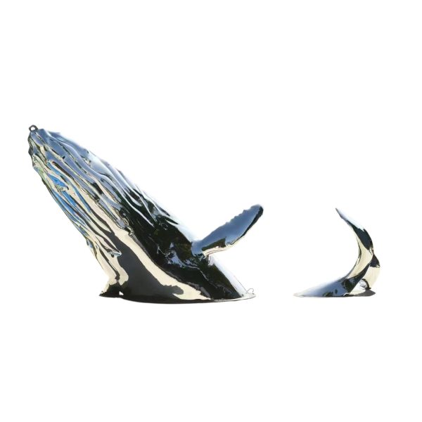 Stainless steel whale sculpture breaching from the ocean – outdoor public art