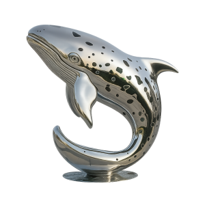 Shiny forged stainless steel whale sculpture jumping up in a curved pose.