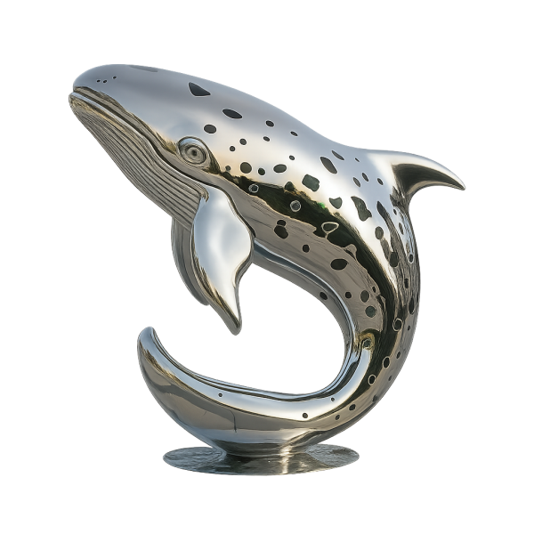 Shiny forged stainless steel whale sculpture jumping up in a curved pose.