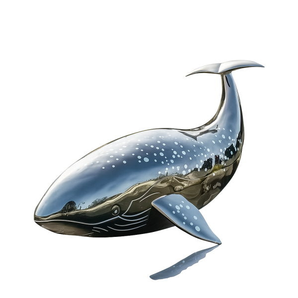 Shiny forged stainless steel whale sculpture jumping up in a curved pose.