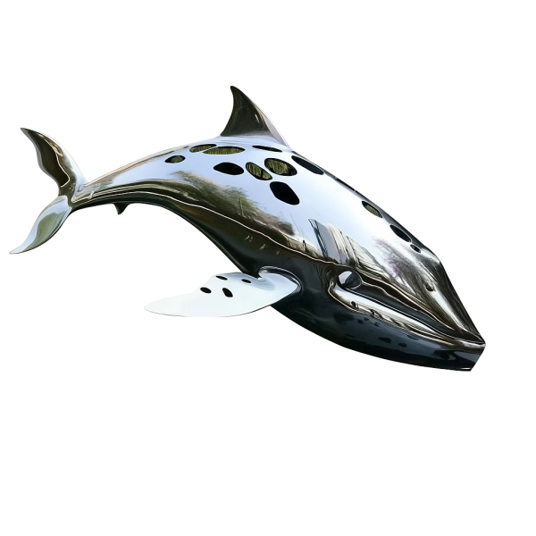 Shiny forged stainless steel whale sculpture jumping up in a curved pose.