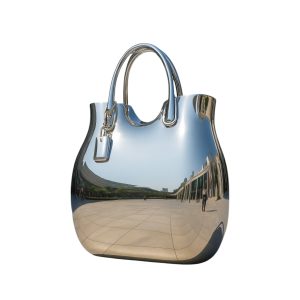 Stainless steel handbag sculpture with a polished mirror finish, ideal for fashion or art display.