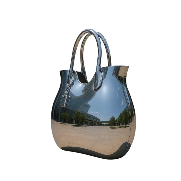 Stainless steel handbag sculpture with a polished mirror finish, ideal for fashion or art display.