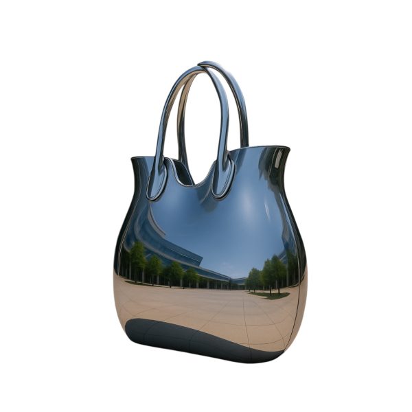 Stainless steel handbag sculpture with a polished mirror finish, ideal for fashion or art display.
