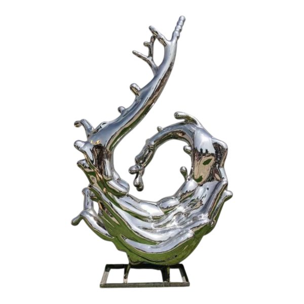 Modern stainless steel wave sculpture with mirror finish, inspired by ocean spray.
