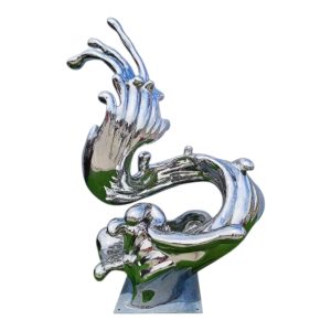 Modern stainless steel wave sculpture with mirror finish, inspired by ocean spray.