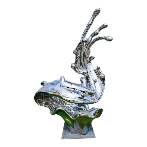 Modern stainless steel wave sculpture with mirror finish, inspired by ocean spray.