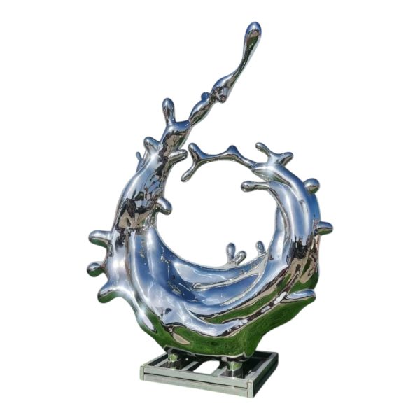 Modern stainless steel wave sculpture with mirror finish, inspired by ocean spray.