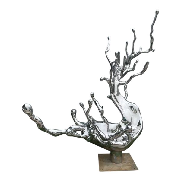 Modern stainless steel wave sculpture with mirror finish, inspired by ocean spray.