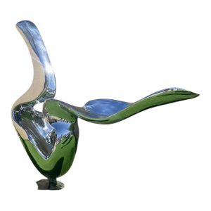Abstract stainless steel ribbon sculpture with flowing curves and mirror finish for outdoor decoration.
