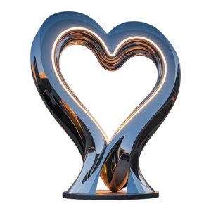 Large stainless steel heart sculpture with glowing LED light for public decoration.