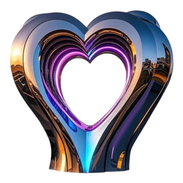 Large stainless steel heart sculpture with glowing LED light for public decoration.
