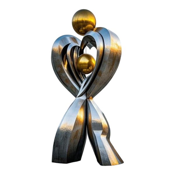 Large stainless steel heart sculpture with glowing LED light for public decoration.