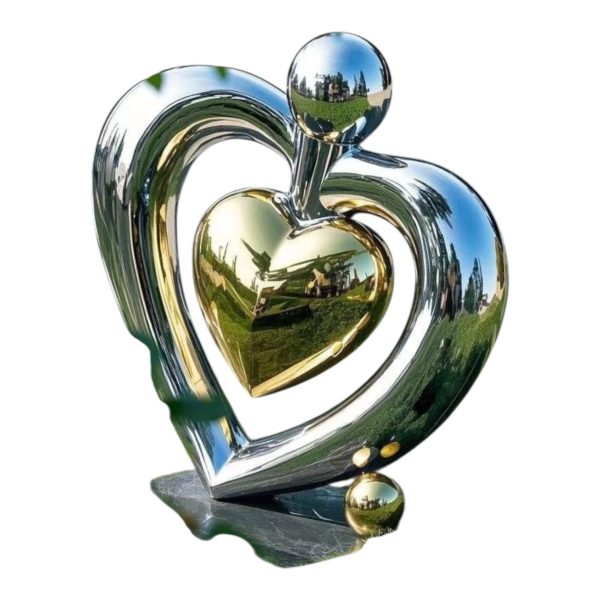 Large stainless steel heart sculpture with glowing LED light for public decoration.