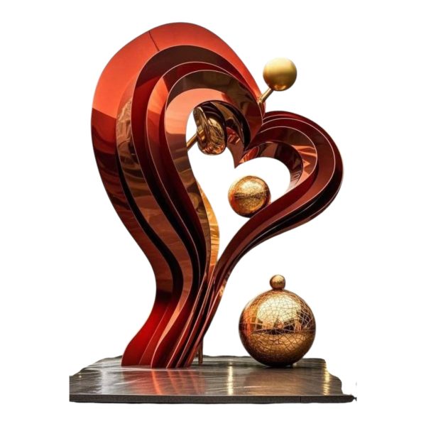 Large stainless steel heart sculpture with glowing LED light for public decoration.