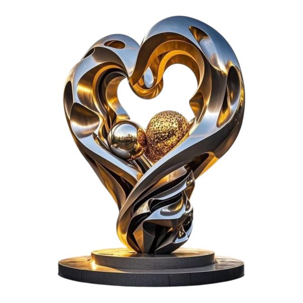 Large stainless steel heart sculpture with glowing LED light for public decoration.