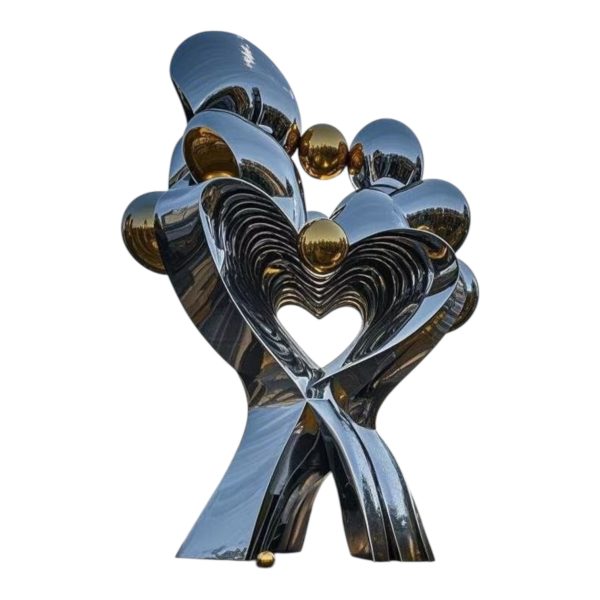 Large stainless steel heart sculpture with glowing LED light for public decoration.