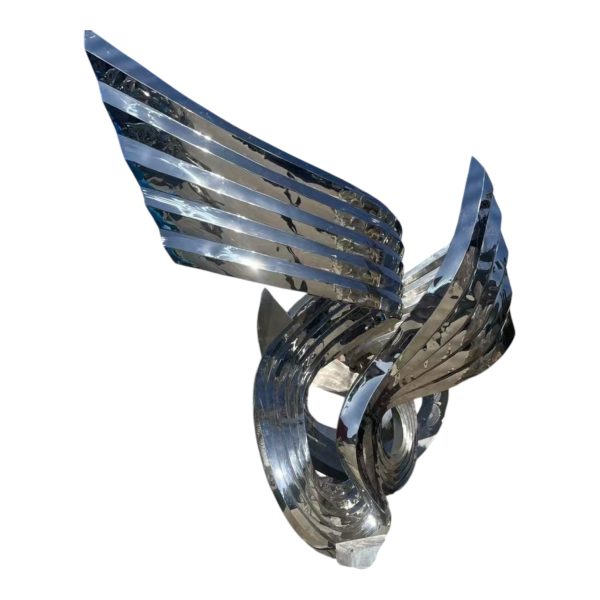 Abstract stainless steel ribbon sculpture with flowing curves and mirror finish for outdoor decoration.