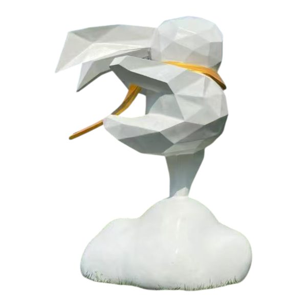 Geometric flying bunny fiberglass sculpture standing on a white cloud with a yellow scarf fluttering in the wind