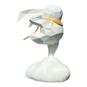 Geometric flying bunny fiberglass sculpture standing on a white cloud with a yellow scarf fluttering in the wind