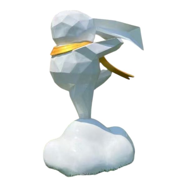 Geometric flying bunny fiberglass sculpture standing on a white cloud with a yellow scarf fluttering in the wind