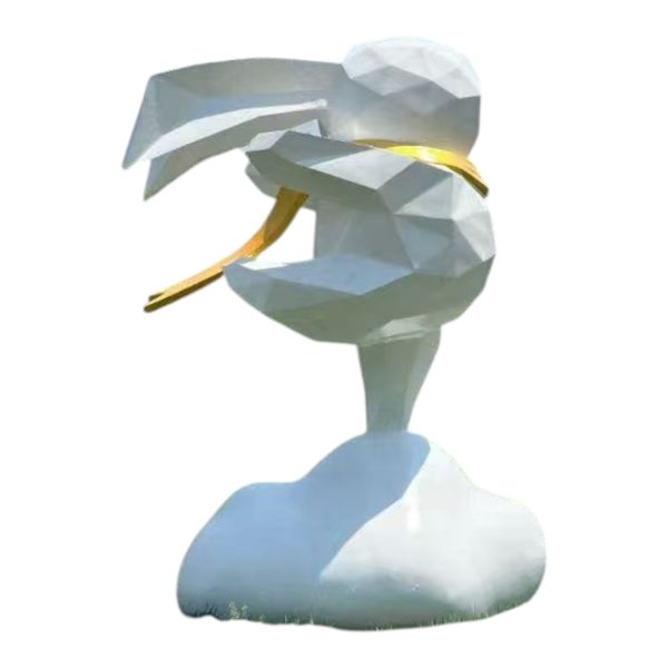 Geometric flying bunny fiberglass sculpture standing on a white cloud with a yellow scarf fluttering in the wind