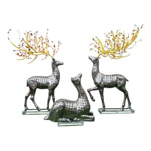 Pair of stainless steel deer sculptures with decorative golden antlers for outdoor display.