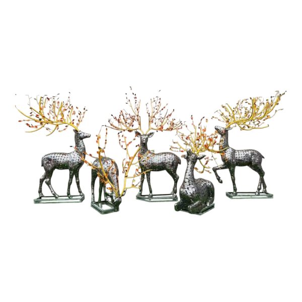 Pair of stainless steel deer sculptures with decorative golden antlers for outdoor display.