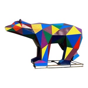 Colorful geometric stainless steel polar bear sculpture with polygonal surfaces.