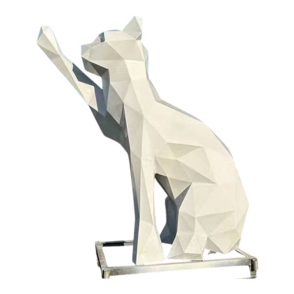 Two stainless steel geometric cat sculptures in playful poses for modern decoration.