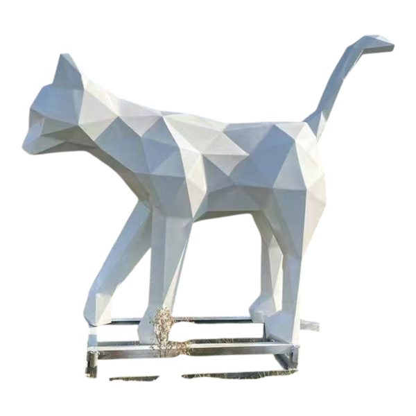 Two stainless steel geometric cat sculptures in playful poses for modern decoration.