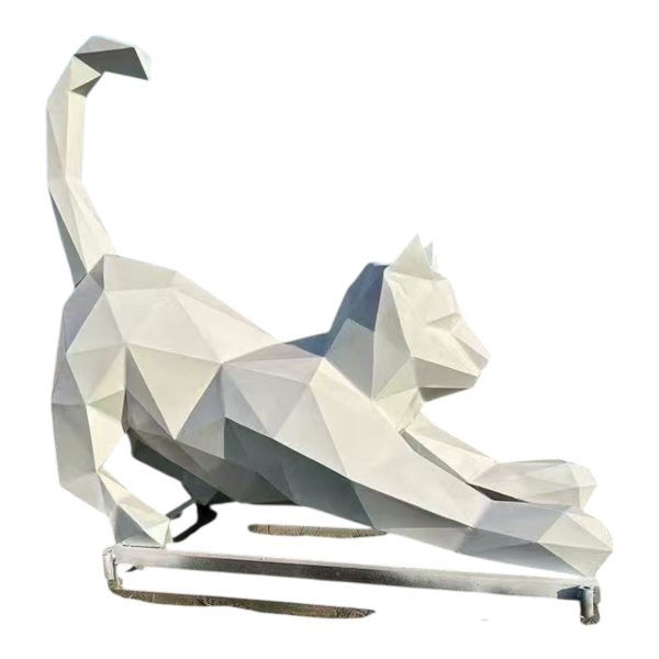 Two stainless steel geometric cat sculptures in playful poses for modern decoration.