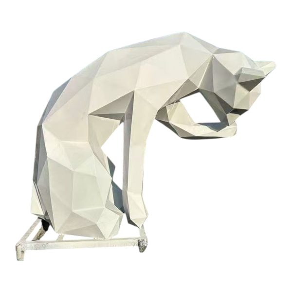 Two stainless steel geometric cat sculptures in playful poses for modern decoration.