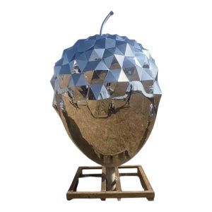 Stainless steel handbag sculpture with a polished mirror finish, ideal for fashion or art display.
