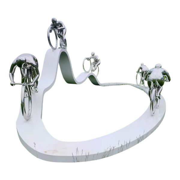 Stainless steel sculpture of cyclists riding on a curved track, symbolizing speed and motion.