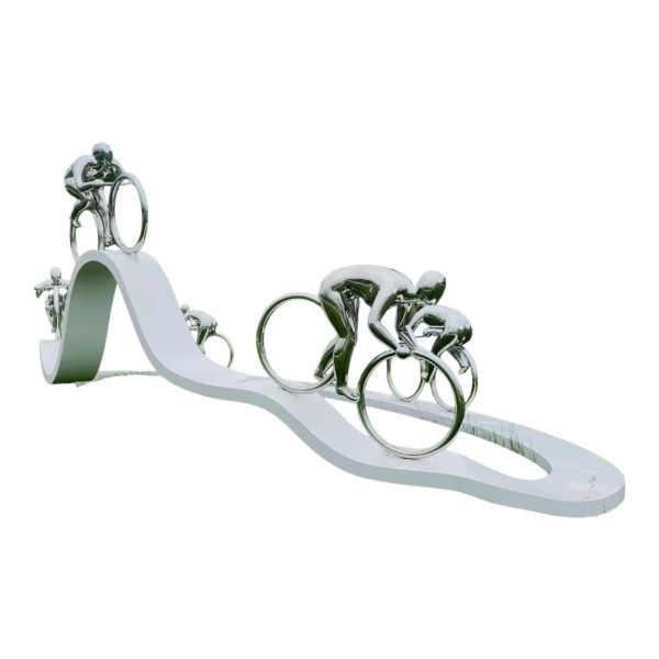 Stainless steel sculpture of cyclists riding on a curved track, symbolizing speed and motion.