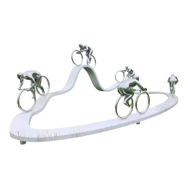 Stainless steel sculpture of cyclists riding on a curved track, symbolizing speed and motion.