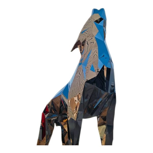 Geometric stainless steel howling wolf sculpture with mirror finish