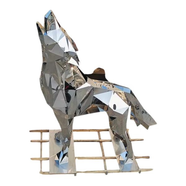 Geometric stainless steel howling wolf sculpture with mirror finish