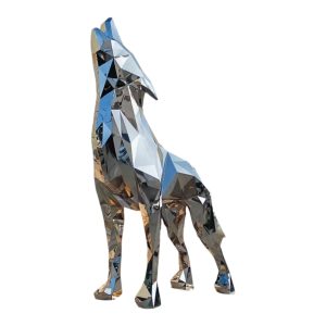 Geometric stainless steel howling wolf sculpture with mirror finish