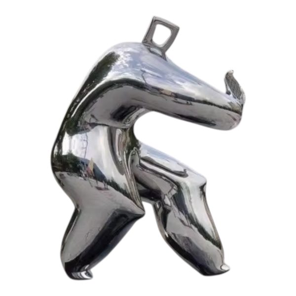 Abstract sports figure sculpture in polished stainless steel, ideal for modern outdoor or public art display.