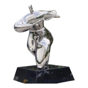 Abstract sports figure sculpture in polished stainless steel, ideal for modern outdoor or public art display.