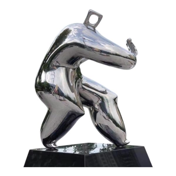 Abstract sports figure sculpture in polished stainless steel, ideal for modern outdoor or public art display.