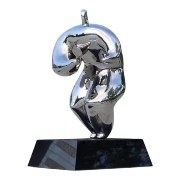 Abstract sports figure sculpture in polished stainless steel, ideal for modern outdoor or public art display.