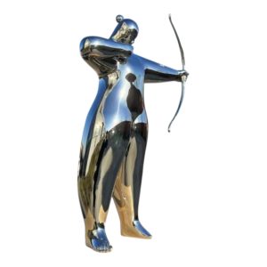 Polished stainless steel sculpture of an abstract archer figure
