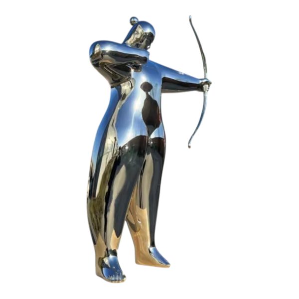 Polished stainless steel sculpture of an abstract archer figure