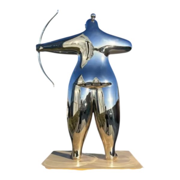 Polished stainless steel sculpture of an abstract archer figure